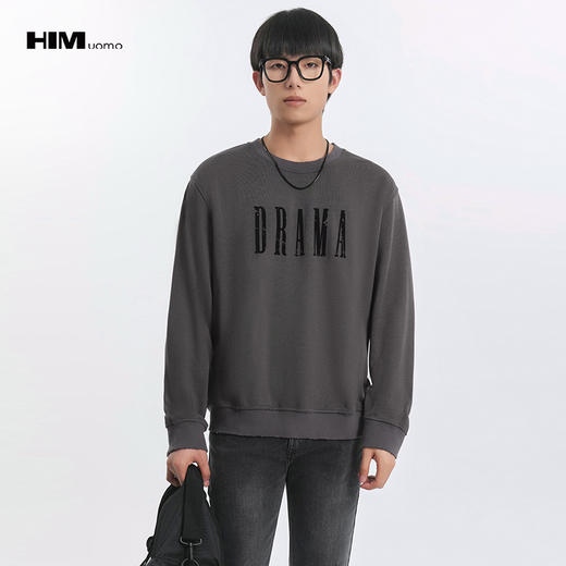 HIM漢崇 复古洗烂破损植绒印花休闲长袖圆领套头卫衣 2025秋季 商品图0