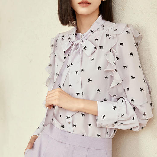 玳莎印花真丝衬衫女春秋款23年可拆卸飘带领荷叶边袖桑蚕丝上衣 DC31307 商品图2