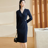 剩S/M/XL 米思阳2026春季新款通勤优雅收腰修身裙纯色长袖V领显瘦长裙2418 商品缩略图0