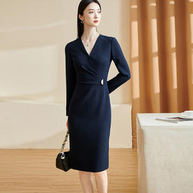 剩S/M/XL 米思阳2026春季新款通勤优雅收腰修身裙纯色长袖V领显瘦长裙2418