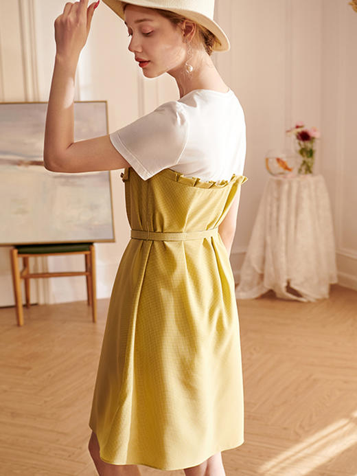 欧芮儿2021夏装新款短袖黄色格子连衣裙女中长款假两件收腰A字裙 商品图2