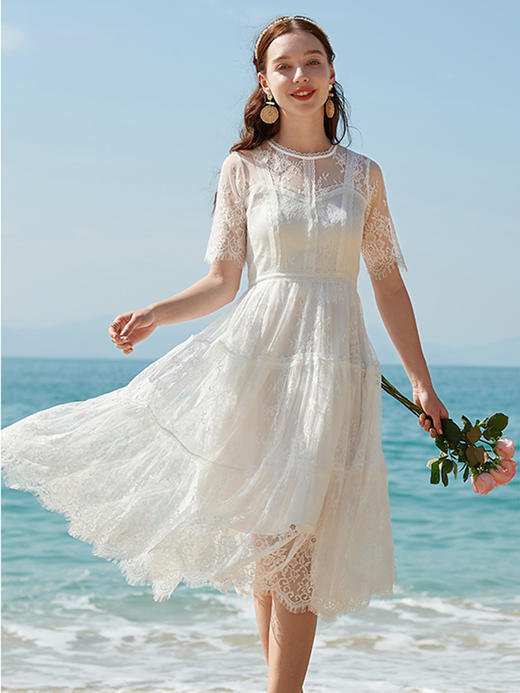 欧芮儿2021夏装新款刺绣蕾丝短袖连衣裙女白色中长款百搭气质百搭 商品图1