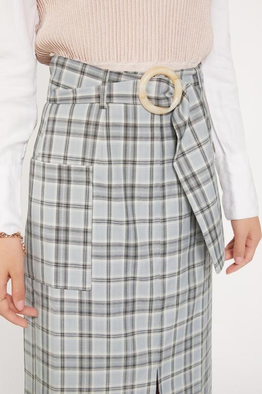 FANSILANEN 蓝色格子腰带直筒半裙 9449 商品图2