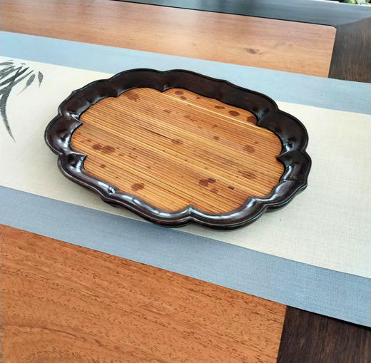 精品海棠文盘°湘妃竹镶嵌紫光檀茶盘 商品图0