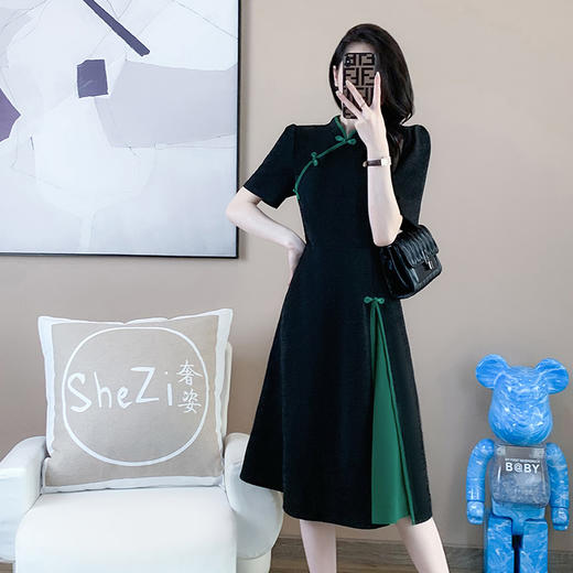 奢姿2025年夏装新款大码女装复古旗袍连衣裙胖妹妹开叉时尚裙子9932825539【1】 商品图0