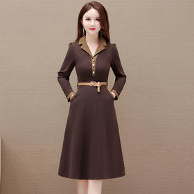 时尚气质连衣裙，腰带裙中长款西装领长袖A字裙QYM-XY-23LQ02-Y