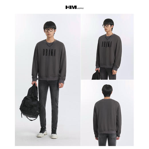 HIM漢崇 复古洗烂破损植绒印花休闲长袖圆领套头卫衣 2025秋季 商品图3