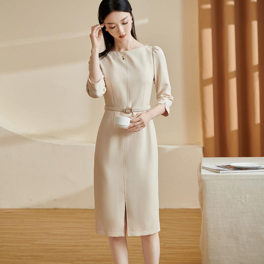 米思阳2026春新款温柔气质中长裙一字领开叉系带显瘦连衣裙2254 商品图3