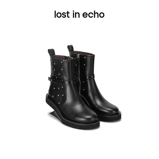 lost in echo设计师款小众轻奢铆钉悬浮坡跟增高时尚圆头短靴 商品图0