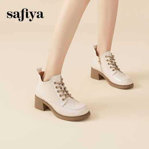 Safiya/索菲娅2023冬季新品 复古英伦风圆头漆皮系带粗跟厚底短靴（绒里）） SF34116005/SF34118005 商品图4