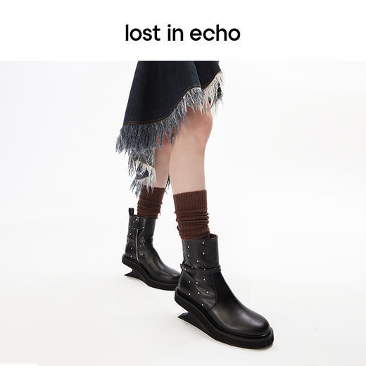 lost in echo设计师款小众轻奢铆钉悬浮坡跟增高时尚圆头短靴 商品图2
