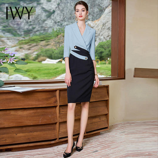 IWY/蓝色七分袖设计感拼接西装连衣裙秋季新款气质裙子Q965 商品图1