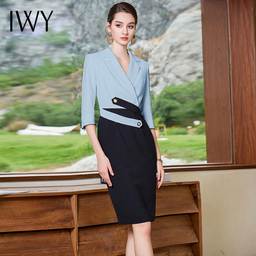 IWY/蓝色七分袖设计感拼接西装连衣裙秋季新款气质裙子Q965 商品图4
