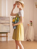 欧芮儿2021夏装新款短袖黄色格子连衣裙女中长款假两件收腰A字裙 商品缩略图1