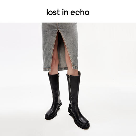 lost in echo设计师品牌侧拉链气质百搭悬浮坡跟圆头修身显瘦长靴 商品图2