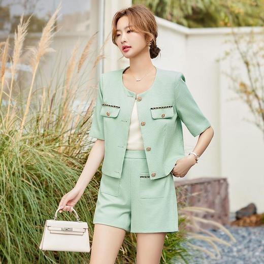 绿色短款小香风外套女夏季薄款气质名媛西装短裤套装高级感两件套 商品图0