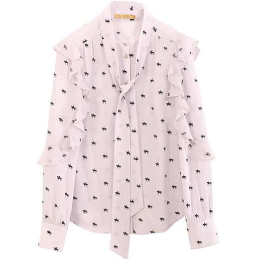 玳莎印花真丝衬衫女春秋款23年可拆卸飘带领荷叶边袖桑蚕丝上衣 DC31307 商品图4