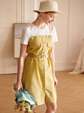 欧芮儿2021夏装新款短袖黄色格子连衣裙女中长款假两件收腰A字裙