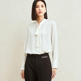 玳莎设计感真丝衬衫女2023年秋季新款不规则飘带领直筒桑蚕丝上衣 DC31305