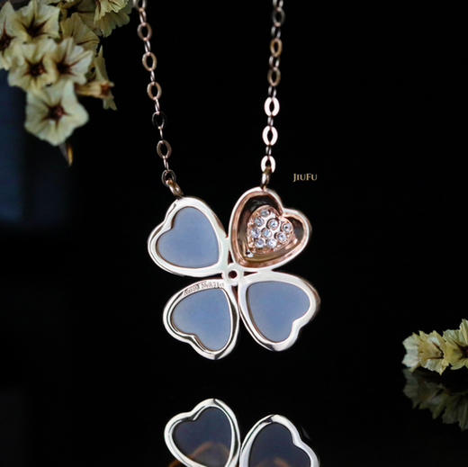 18K玫瑰金和田玉（白玉）镶钻项链--爱心四叶草/爱心6*6mm/链长40+2cm 商品图4