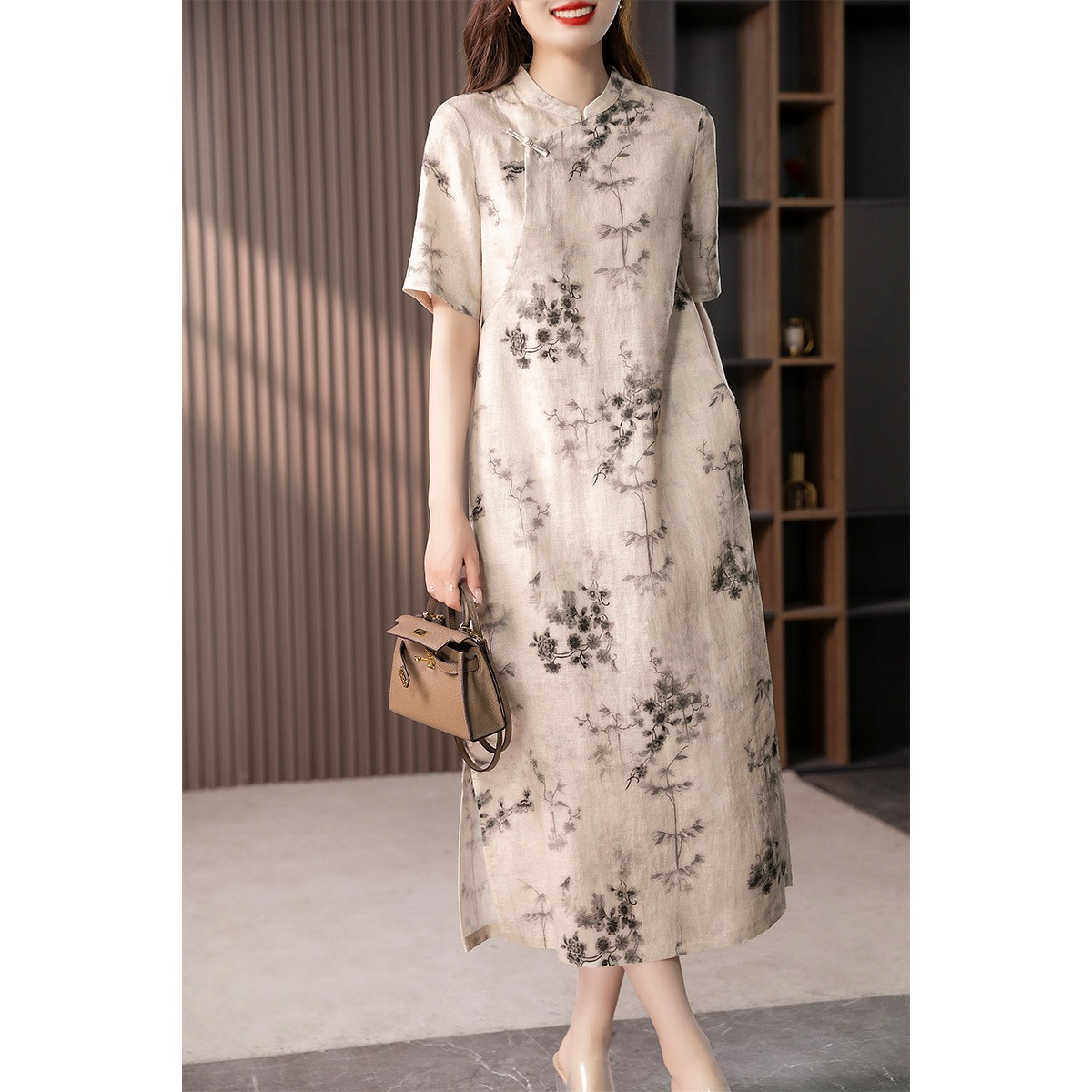 89180原形减龄气质中式优雅亚麻连衣裙女夏2024新款印花宽松显瘦旗袍裙