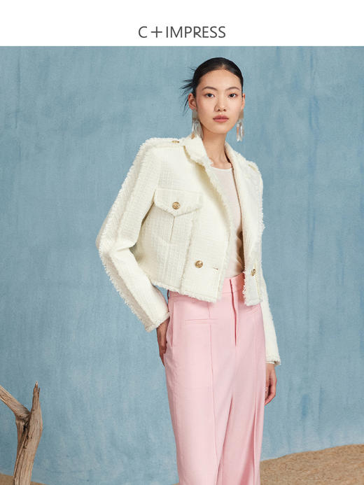 西嘉西嘉短款白色小香风外套女名媛气质小个子秋季翻领流苏拉毛粗花呢WT2303006 商品图3