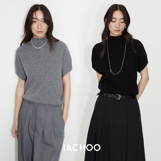 3461505017棉仓严选早秋短袖羊绒羊毛针织衫半高领针织毛衣通勤设计感 商品图0