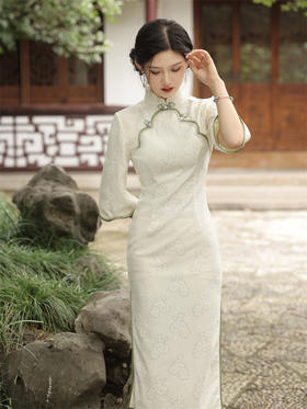 复合蕾丝，圆襟倒大袖中长款旗袍SJT-371