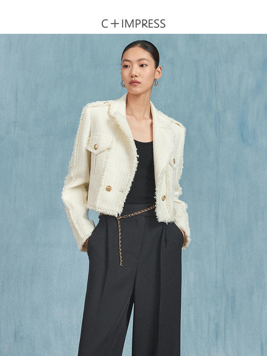 西嘉西嘉短款白色小香风外套女名媛气质小个子秋季翻领流苏拉毛粗花呢WT2303006 商品图1