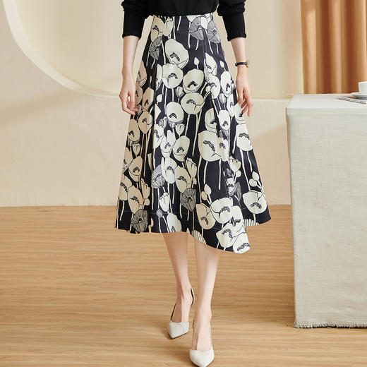 剩S/XL 米思阳2026春季新款法式高级感印花裙高腰显瘦大摆A字半身裙2616 商品图0