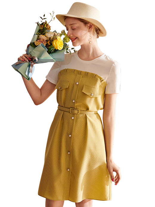 欧芮儿2021夏装新款短袖黄色格子连衣裙女中长款假两件收腰A字裙 商品图3