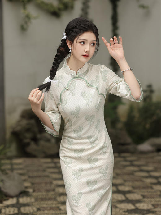 复合蕾丝，圆襟倒大袖中长款旗袍SJT-371 商品图3