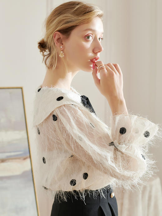 欧芮儿2020春装新款喇叭长袖白色波点衬衫女雪纺衬衣宽松显瘦上衣 商品图2