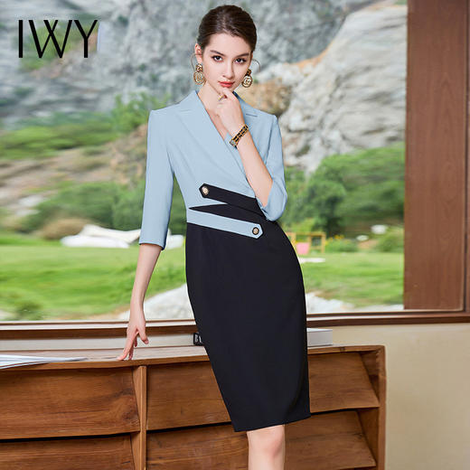IWY/蓝色七分袖设计感拼接西装连衣裙秋季新款气质裙子Q965 商品图2