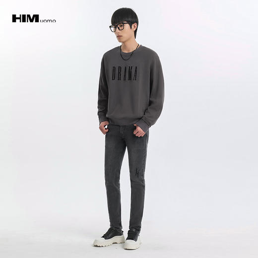 HIM漢崇 复古洗烂破损植绒印花休闲长袖圆领套头卫衣 2025秋季 商品图1