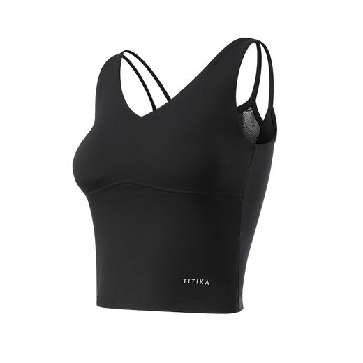 【只剩xs/s码】TITIKA蕾丝美背透气运动背心女（带胸垫）健身弹性修身短款纯黑上衣31088 商品图4