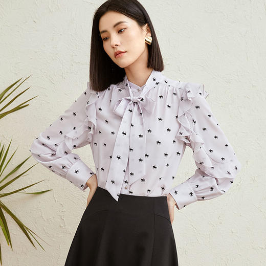 玳莎印花真丝衬衫女春秋款23年可拆卸飘带领荷叶边袖桑蚕丝上衣 DC31307 商品图1