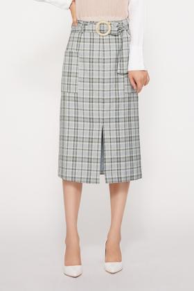 FANSILANEN 蓝色格子腰带直筒半裙 9449