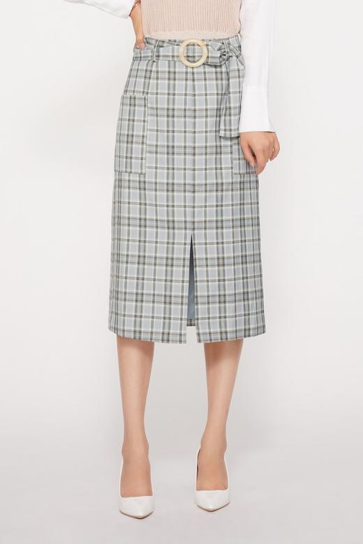 FANSILANEN 蓝色格子腰带直筒半裙 9449 商品图0