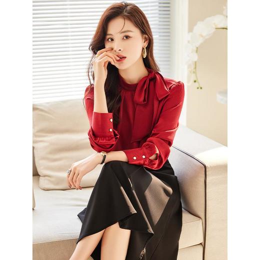 时尚衬衫套裙女2023秋季新款名媛轻熟风洋气蝴蝶结衬衣半身裙套装 商品图3