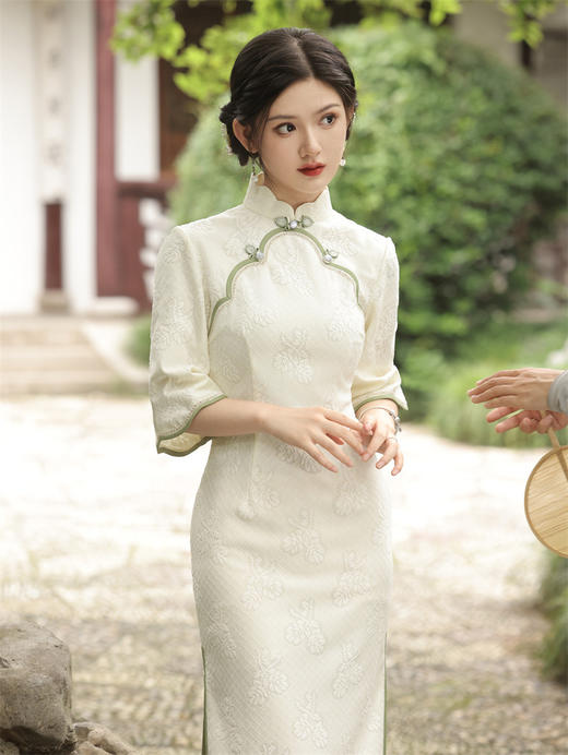 复合蕾丝，圆襟倒大袖中长款旗袍SJT-371 商品图4