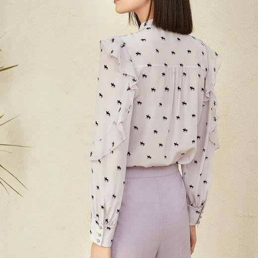 玳莎印花真丝衬衫女春秋款23年可拆卸飘带领荷叶边袖桑蚕丝上衣 DC31307 商品图3