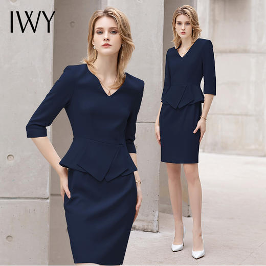 IWY/高端藏青色职业连衣裙女士七分袖收腰显瘦售楼部正装西装套裙Q11366 商品图6
