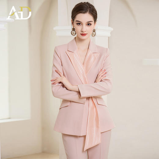AD高端斜纹醋酸西装套装女士职业装粉色主持人正装职场轻熟风女装 商品图1