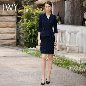 IWY/藏青色职业连衣裙女士七分袖收腰显瘦售楼部正装西装套裙Q781