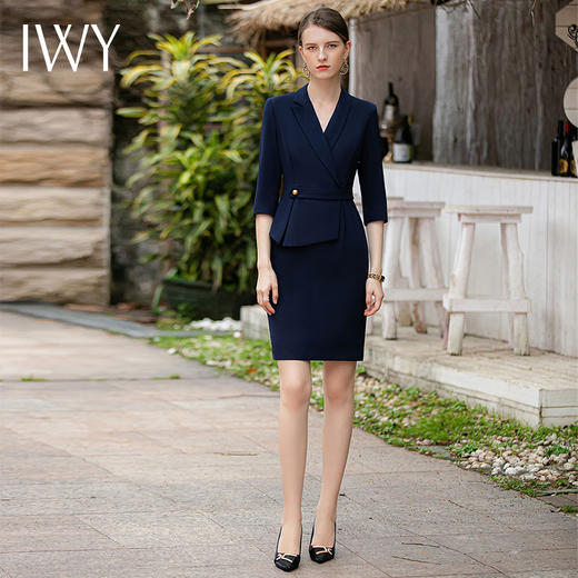 IWY/藏青色职业连衣裙女士七分袖收腰显瘦售楼部正装西装套裙Q781 商品图0