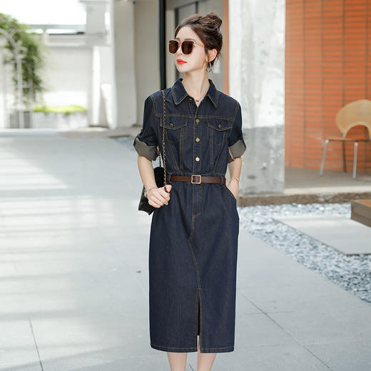 秋季欧货感POLO领长袖牛仔气质收腰牛仔裙YH-41360 商品图2