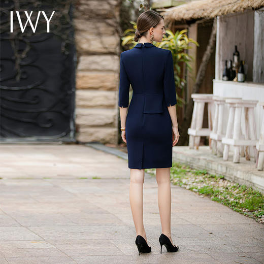 IWY/藏青色职业连衣裙女士七分袖收腰显瘦售楼部正装西装套裙Q781 商品图4