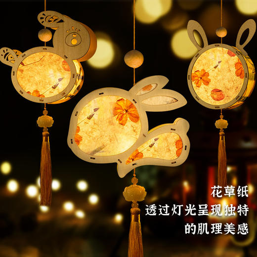 【中秋DIY灯笼！原木花灯】手工中秋节灯笼，DIY材料包，兔子卡通手提发光灯笼，木质花草纸灯笼ilsh 商品图3