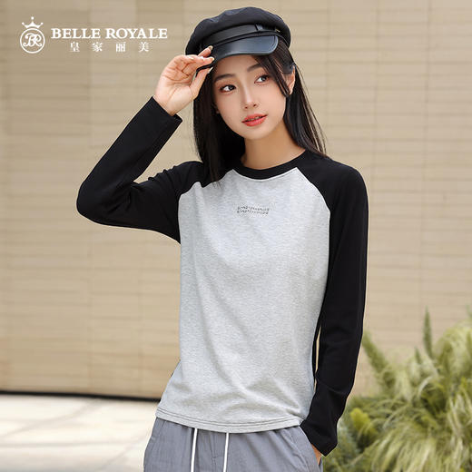 新款撞色插肩长袖t恤女款美式上衣宽松薄款早秋打底衫SZ2692 商品图3